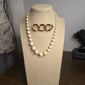 Vintage Napier Cream Bead Choker Necklace & Mismatched Unsigned Brooch Set